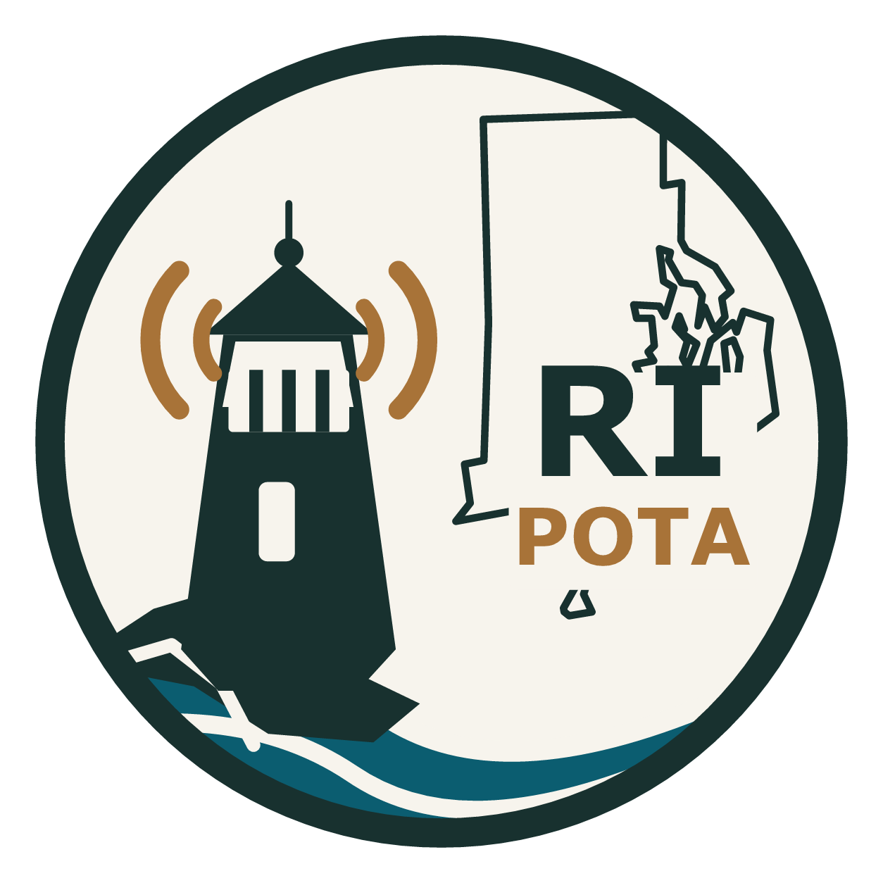 RI POTA coastal signal logo with lighthouse, radio waves, Rhode Island outline, and water bands.