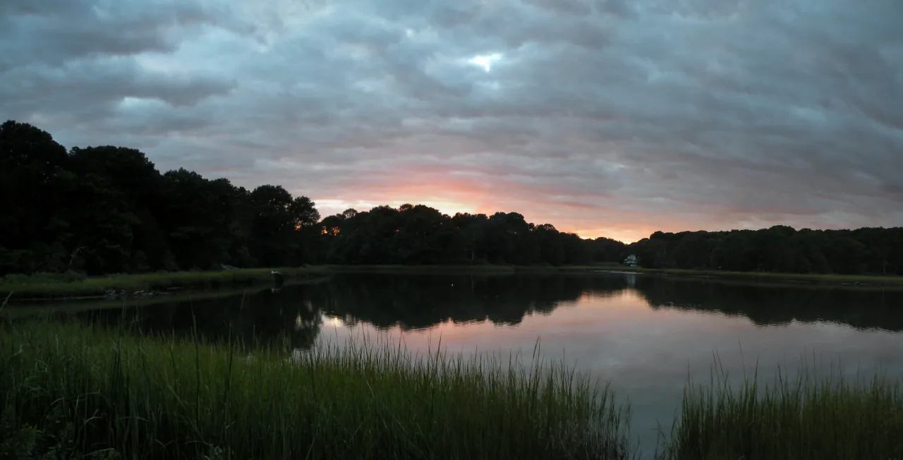 Dusk colors reflect in calm water beside the marsh grasses and wooded shoreline at Rome Point.