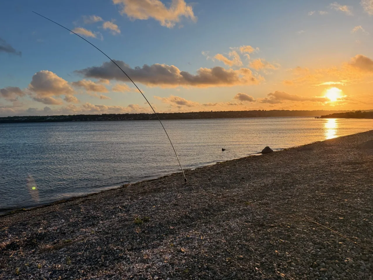 A radio antenna rises from the stony shore at Sapowet as the sun sets over the water.